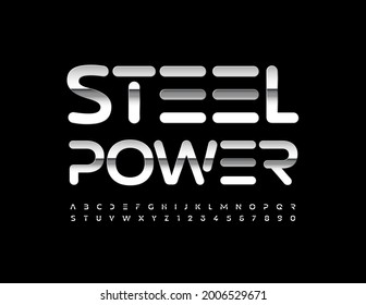 Vector business template Steel Power. Metallic glossy Font. Techno Alphabet Letters and Numbers set