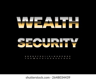 Modelo de negócios de vetor Wealth Security. Fonte dourada metálica. Conjunto de letras e números de alfabeto premium.