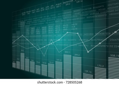 Vector business theme illustration. Background with graphs and figures. A digital panel with a distorted perspective.