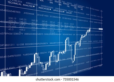 Vector business theme illustration. Background with graphs and figures. A digital panel with a distorted perspective.