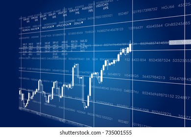 Vector business theme illustration. Background with graphs and figures. A digital panel with a distorted perspective.