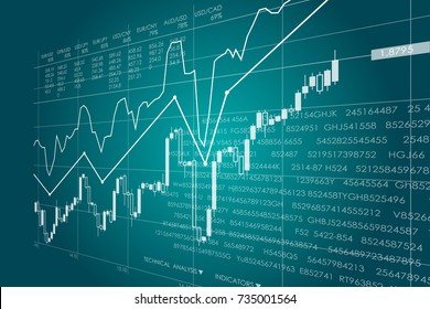Vector business theme illustration. Background with graphs and figures. A digital panel with a distorted perspective.