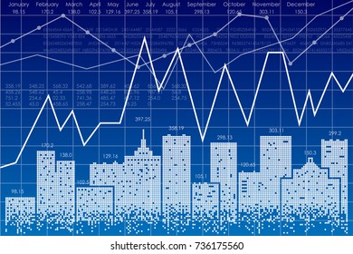 Vector business theme illustration. Night city and stock charts.