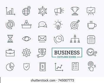 Vector Business thin line icons. Outline symbols of marketing strategy, goal, revenue, idea, chart, planning for web.