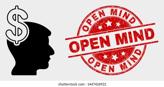 Vector business thinking icon and Open Mind seal. Red rounded distress seal with Open Mind text. Vector combination for business thinking in flat style. Black isolated business thinking icon.