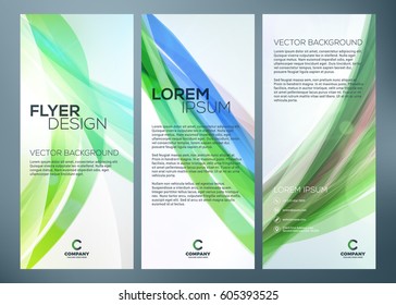 Vector business trifold brochure or banner template. Abstract green wave background. Vector illustration