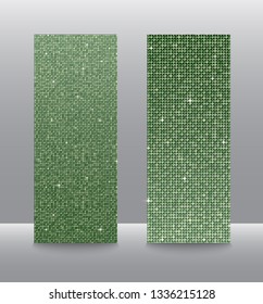 Vector business vertical cards, flyers, brochures, booklets. Green sequins, glitters sparkles paillettes. Disco party card with shiny sequins. Metallic glowing cloth. Sequins dot glitter texture.