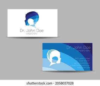 Vector Business Visit Card Human Head Modern logo Creative style. Kid Child Profile Silhouette Design concept. Brand company. Blue color isolated on gray background Symbol for web, print.