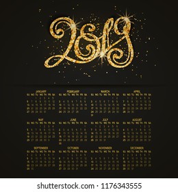 Vector business wall calendar on black background, hand-drawn numbers 2019. Calligraphy template, glitter confetti for Happy new year greeting, gift card, invitation, poster, week starting from Sunday