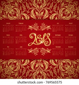 Vector business wall calendar on red background with elegant floral elements. Floral filigree gold ornament, hand-drawn numbers 2018. Elegant template in vintage style, week starting from Sunday.