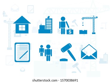 Vector business website icons set: home, project, investment, construction, planning, HR, tender, contact