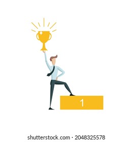 Vector Business Winner, Businessman Holding Golden Winner’s Cup and Standing One Foot on The First Place Platform Isolated on White Background.
