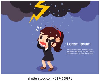 Vector business woman afraid of lightning, heavy rain and dark cloud, problem, business concept