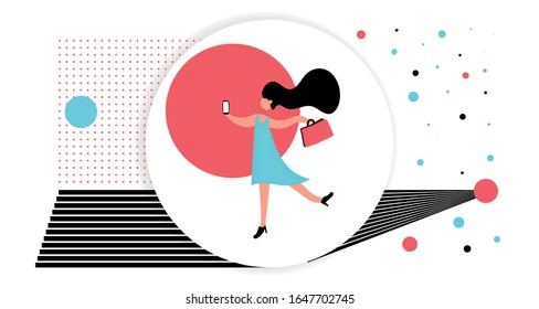 Vector business woman with bag and smartphone on abstract texture, female career, lady in office, working person