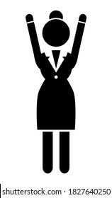 Vector business woman black silhouette. Lady dressed formally full length isolated on white background. Businesswoman wearing in dress code costume is standing straight. Female raised both hands up