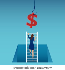 Vector of a business woman climbing up a ladder to reach money hanging on a hook