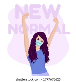 Vector of a business woman with hands up in the air and medic mask in the new normal Covid-19 era. Dark haired happy lady in face mask. Go to work concept during new normal life. Wear mask