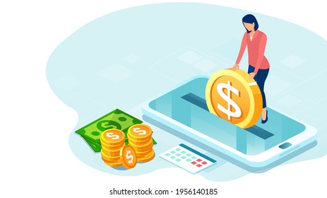 Vector of a business woman making money deposit via mobile app