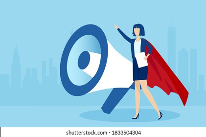 Vector of a business woman in red cape making an announcement standing near a big megaphone 