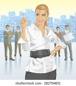 Vector business woman with silhouettes of business people, with transparency shadows and city