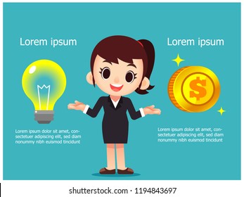 Vector business woman standing between light bulb and golden coin a, business concept