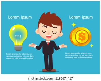 Vector business woman standing between light bulb and golden coin a, business concept