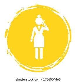 Vector business woman white silhouette in yellow circle frame. Female talking on phone. Lady with cellphone dressed formally. Businesswoman wearing in dress code costume is standing straight