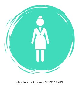 Vector business woman white silhouette in a round aquamarine frame. Lady dressed formally full length. Businesswoman wearing in dress code costume is standing straight. Female holds both hands down