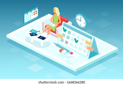 Vector of a business woman working on laptop computer making agenda on a personal organizer 