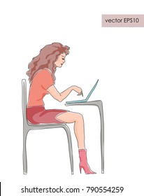 Vector business woman working on notebook, hand drawn illustration
