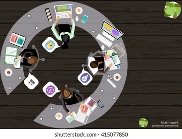 Vector Business Work place top corner brainstorming ideas for a task, leveraging computer Notebook Tablet Mobile files paper diaries, rulers, pencils, glasses and coffee cups flat design
