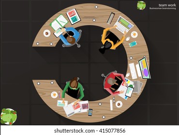 Vector Business Work place top corner brainstorming ideas for a task, leveraging computer Notebook Tablet Mobile files paper diaries, rulers, pencils, glasses and coffee cups flat design