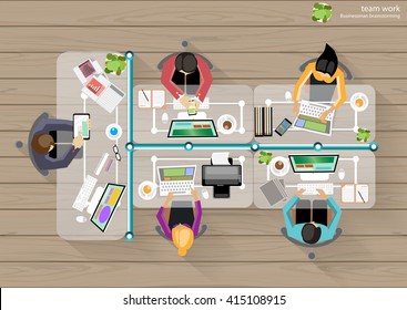 Vector Business Work place top corner brainstorming ideas for a task, leveraging computer Notebook Tablet Mobile files paper diaries, rulers, pencils, glasses and coffee cups flat design