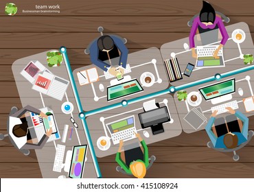 Vector Business Work place top corner brainstorming ideas for a task, leveraging computer Notebook Tablet Mobile files paper diaries, rulers, pencils, glasses and coffee cups flat design