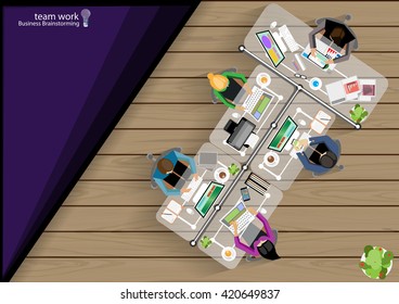 Vector Business Work place top corner brainstorming ideas for a task, leveraging computer Notebook Tablet Mobile files paper diaries, rulers, pencils, glasses and coffee cups flat design