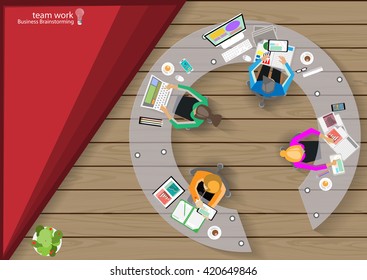 Vector Business Work place top corner brainstorming ideas for a task, leveraging computer Notebook Tablet Mobile files paper diaries, rulers, pencils, glasses and coffee cups flat design