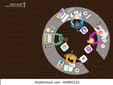 Vector Business Work place top corner brainstorming ideas for a task, leveraging computer Notebook Tablet Mobile files paper diaries, rulers, pencils, glasses and coffee cups flat design