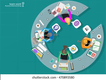 Vector Business Work place top corner brainstorming ideas for a task, leveraging computer Notebook Tablet Mobile files paper diaries, rulers, pencils, glasses and coffee cups flat design