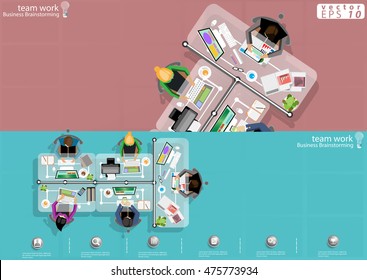 Vector Business Work place top corner brainstorming ideas for a task, leveraging computer Notebook Tablet Mobile files paper diaries, rulers, pencils, glasses and coffee cups flat design