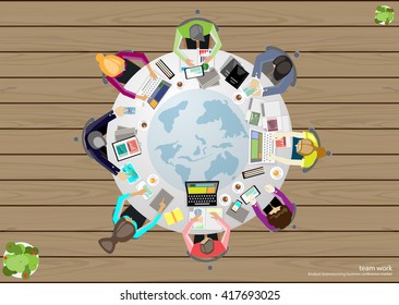 Vector business work places , teamwork, brainstorming, business analysis, marketing plan, a map of the world, paper files, mobile notebooks, tablets and a cup of coffee flat design