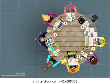 Vector business work places , teamwork, brainstorming, business analysis, marketing plan, a map of the world, paper files, mobile notebooks, tablets and a cup of coffee flat design