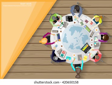 Vector business work places , teamwork, brainstorming, business analysis, marketing plan, a map of the world, paper files, mobile notebooks, tablets and a cup of coffee flat design