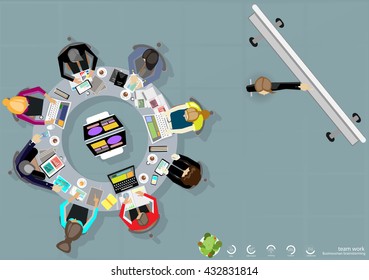 Vector business work places , teamwork, brainstorming, business analysis, marketing plan,  paper files, mobile, notebooks, tablets and a cup of coffee flat design
