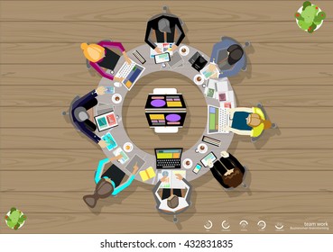 Vector business work places , teamwork, brainstorming, business analysis, marketing plan,  paper files, mobile, notebooks, tablets and a cup of coffee flat design