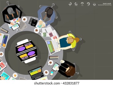 Vector business work places , teamwork, brainstorming, business analysis, marketing plan,  paper files, mobile, notebooks, tablets and a cup of coffee flat design