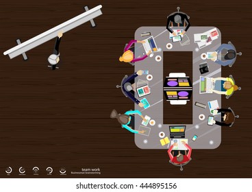 Vector business work places , teamwork, brainstorming, business analysis, marketing plan, paper files, mobile, notebooks, tablets and a cup of coffee flat design