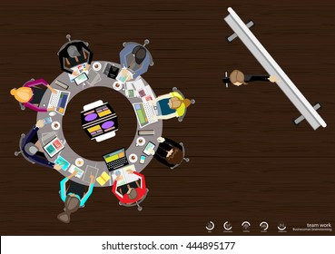 Vector business work places , teamwork, brainstorming, business analysis, marketing plan, paper files, mobile, notebooks, tablets and a cup of coffee flat design