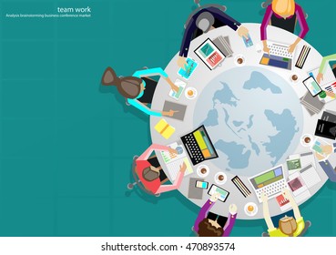 Vector business work places , teamwork, brainstorming, business analysis, marketing plan, a map of the world, paper files, mobile notebooks, tablets and a cup of coffee flat design