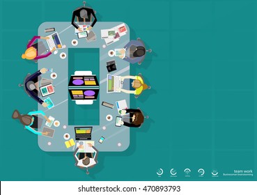Vector business work places , teamwork, brainstorming, business analysis, marketing plan, paper files, mobile, notebooks, tablets and a cup of coffee flat design