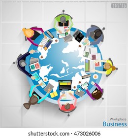Vector business work places , teamwork, brainstorming, business analysis, marketing plan, a map of the world, paper files, mobile notebooks, tablets and a cup of coffee flat design